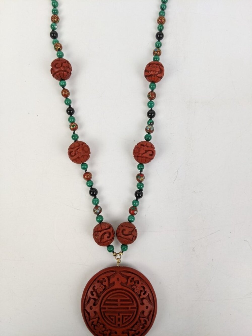 Vintage Chinese Cinnabar Malachite & Onyx Beaded Necklace - Picture 4 of 13